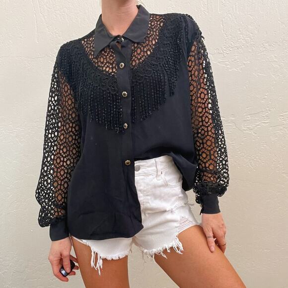 Vintage Black Crochet Fringe Western Style Button Up Top - Picture 5 of 8